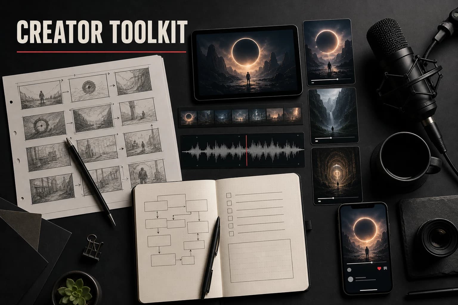 Creator toolkit with a storyboard, video frames, audio waveform, notebook, microphone, and phone