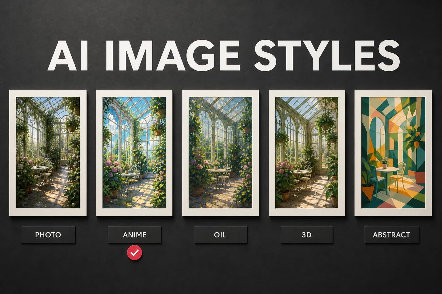 One greenhouse scene rendered as photography, anime, oil painting, 3D, and abstract art