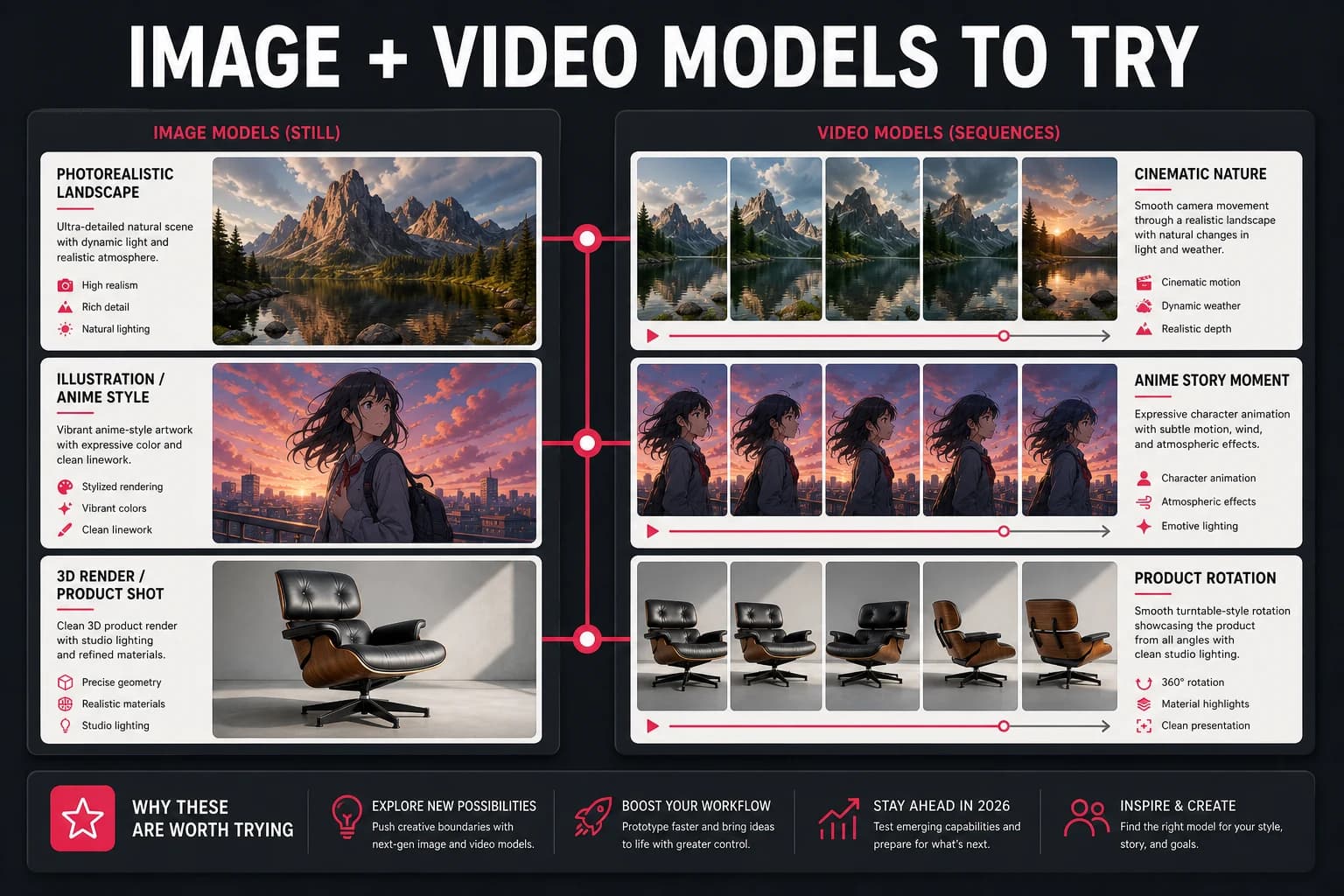 Image and video model tests comparing landscape, anime, and product generation