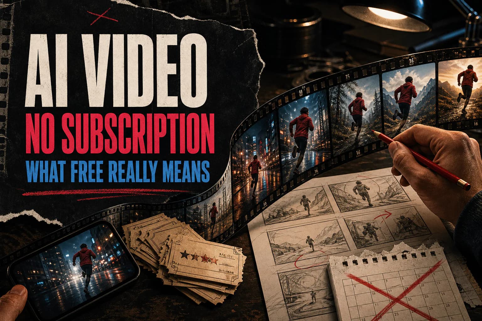 Editorial poster showing an AI video storyboard, film strip, free credit tickets, and a crossed-out monthly calendar