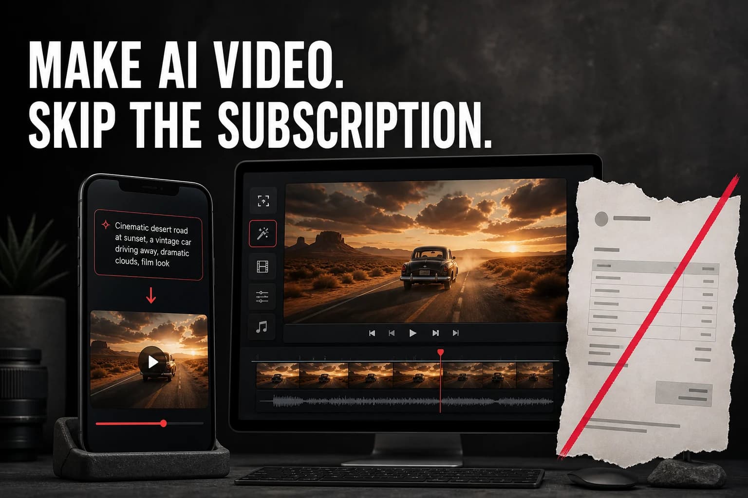 Mobile and desktop AI video workflow beside a cancelled subscription invoice