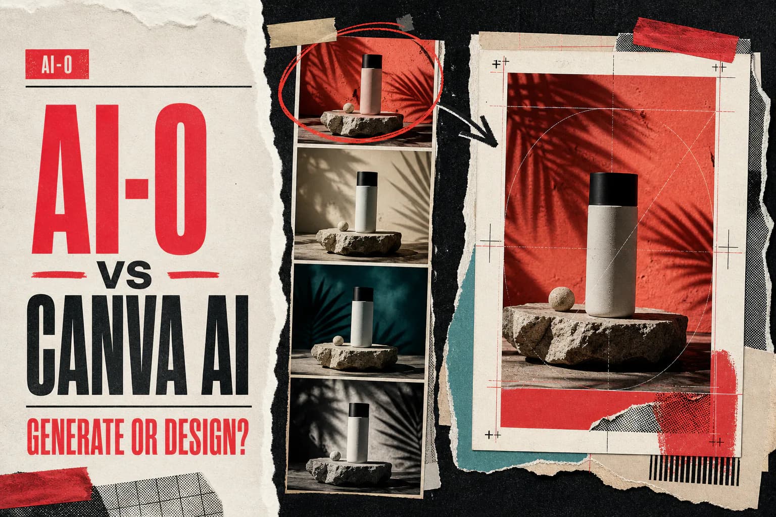 AI-0 and Canva AI editorial comparison poster showing image variations becoming a finished social design