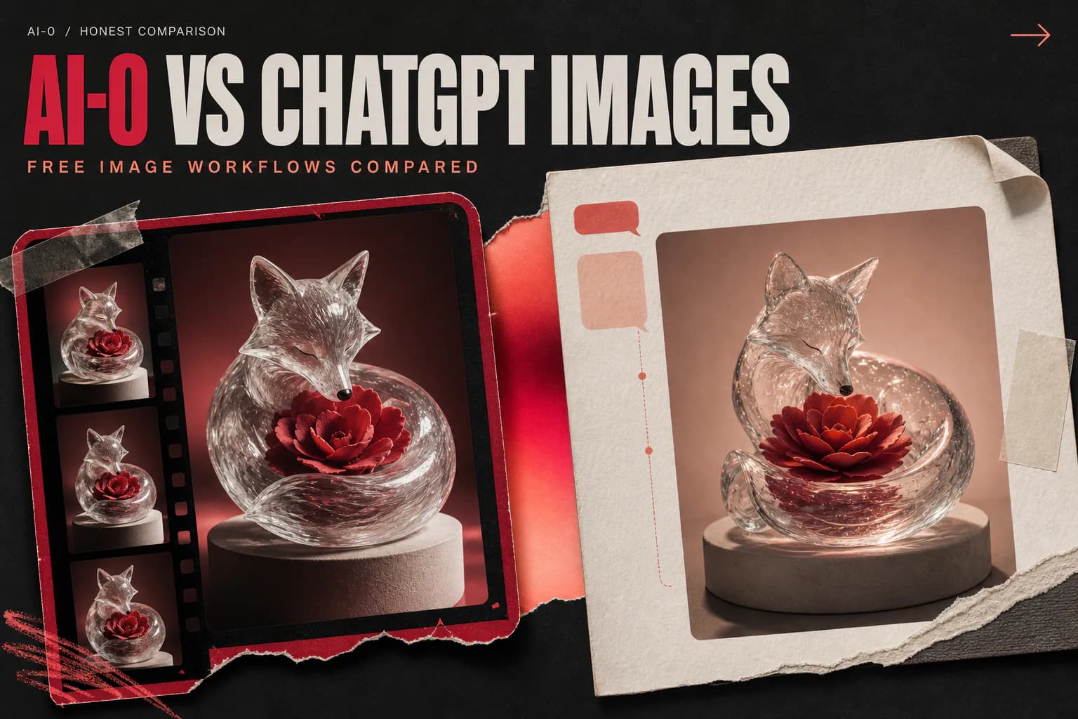AI-0 and ChatGPT Images editorial comparison poster with two contrasting glass fox image workflows