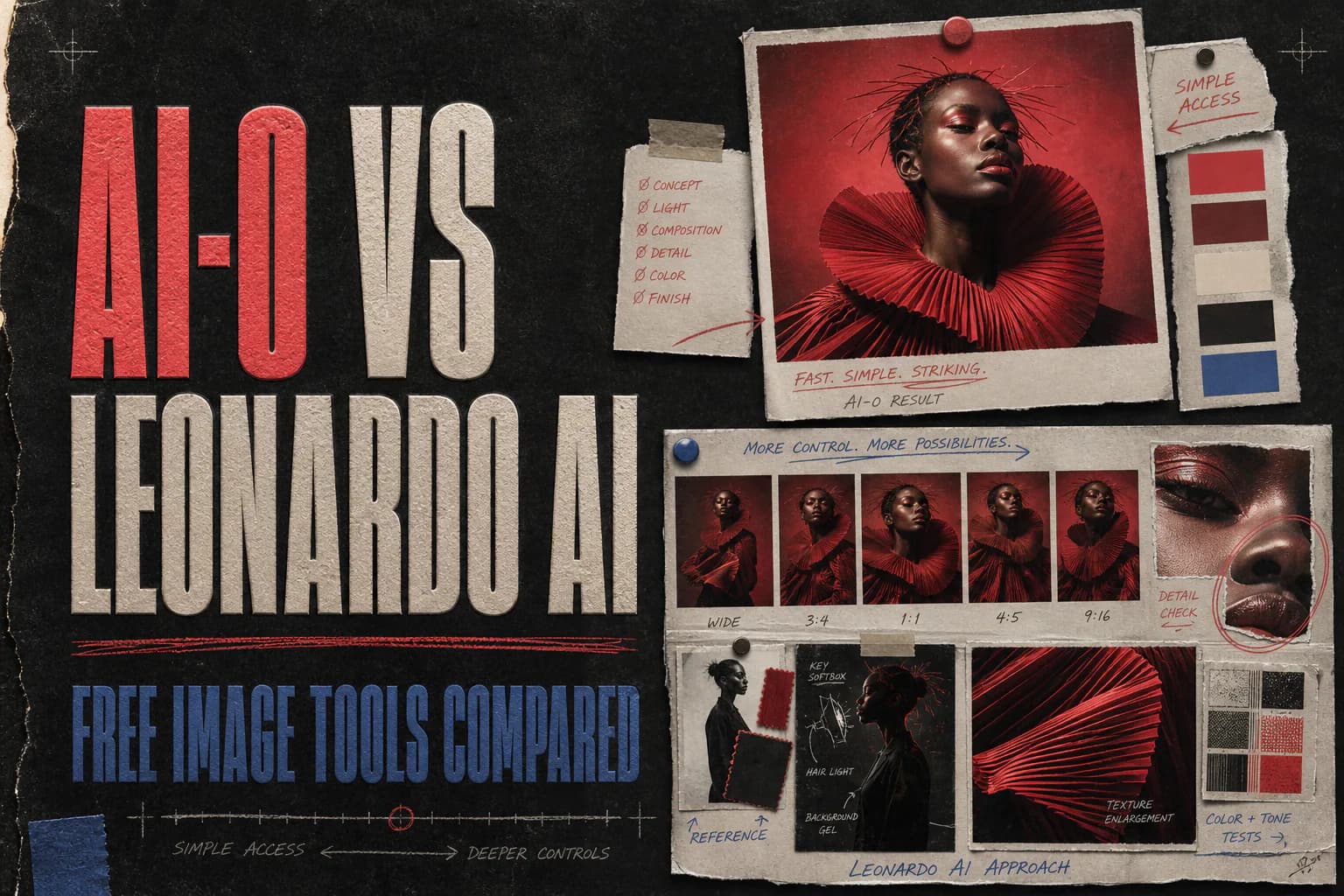 AI-0 and Leonardo AI editorial comparison poster with a fashion portrait, contact sheets, color tests, and detail studies