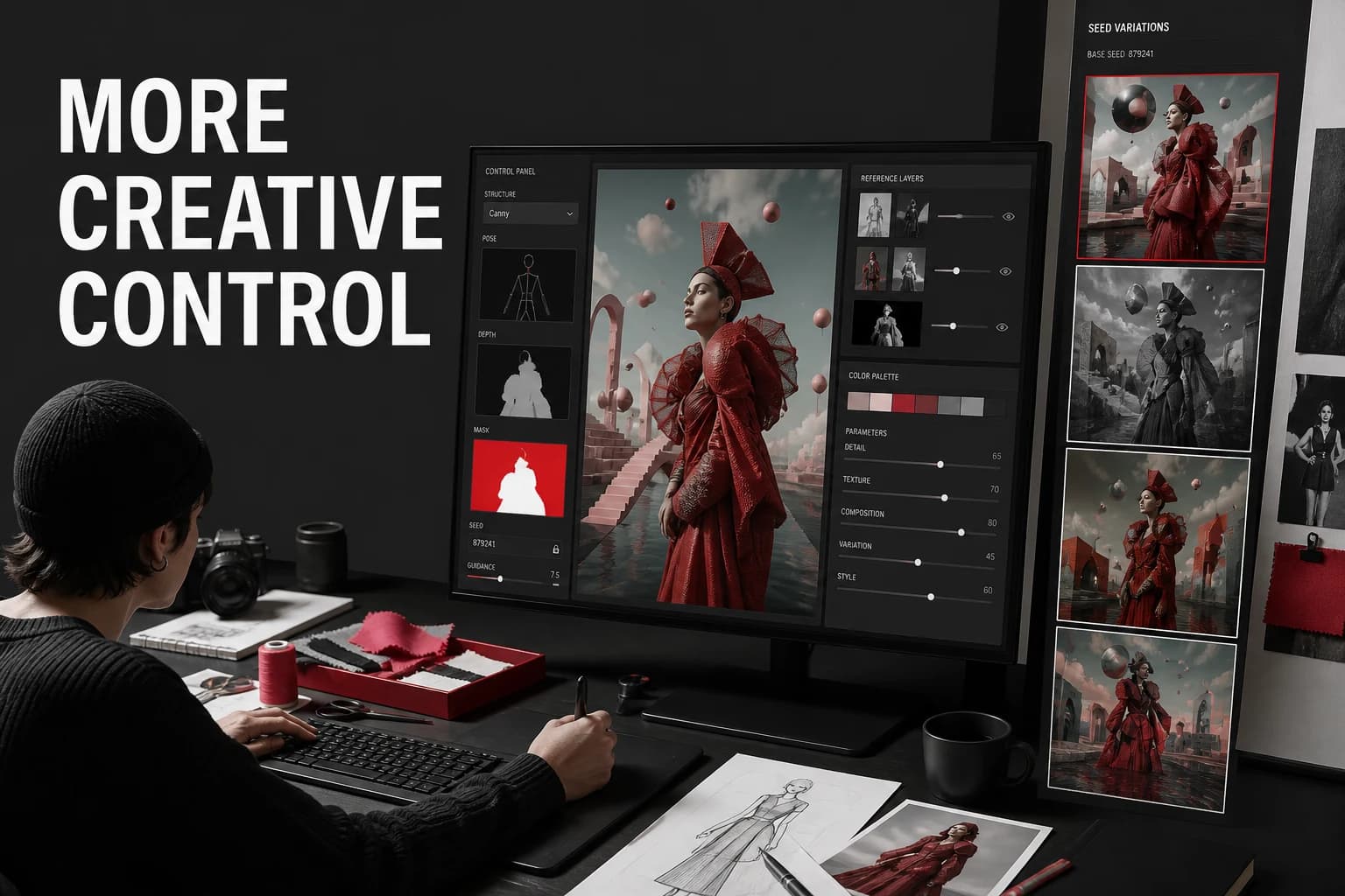 Artist using masks, reference layers, and variation controls to create surreal fashion imagery