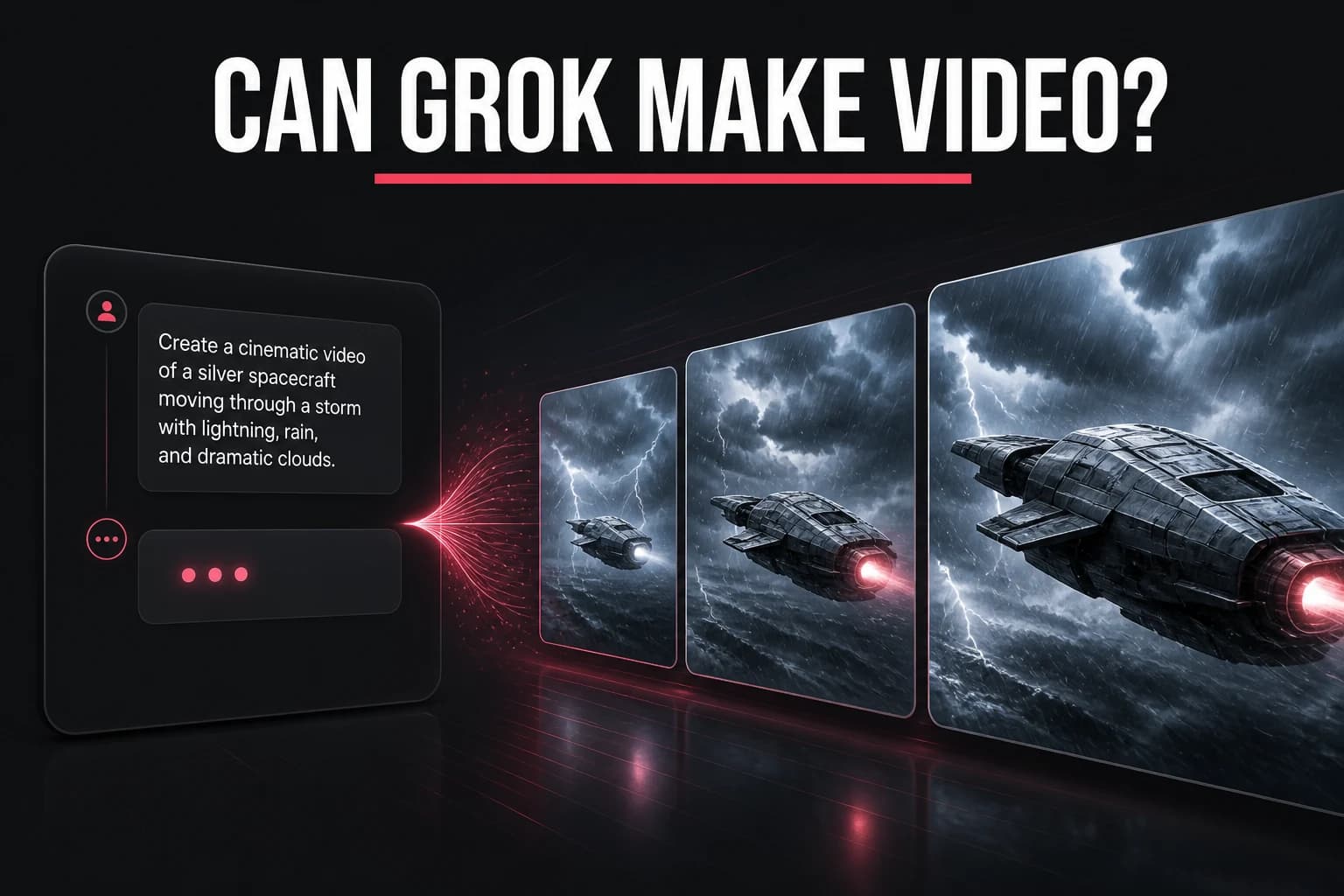 A conversational prompt becoming cinematic frames of a spacecraft flying through a storm