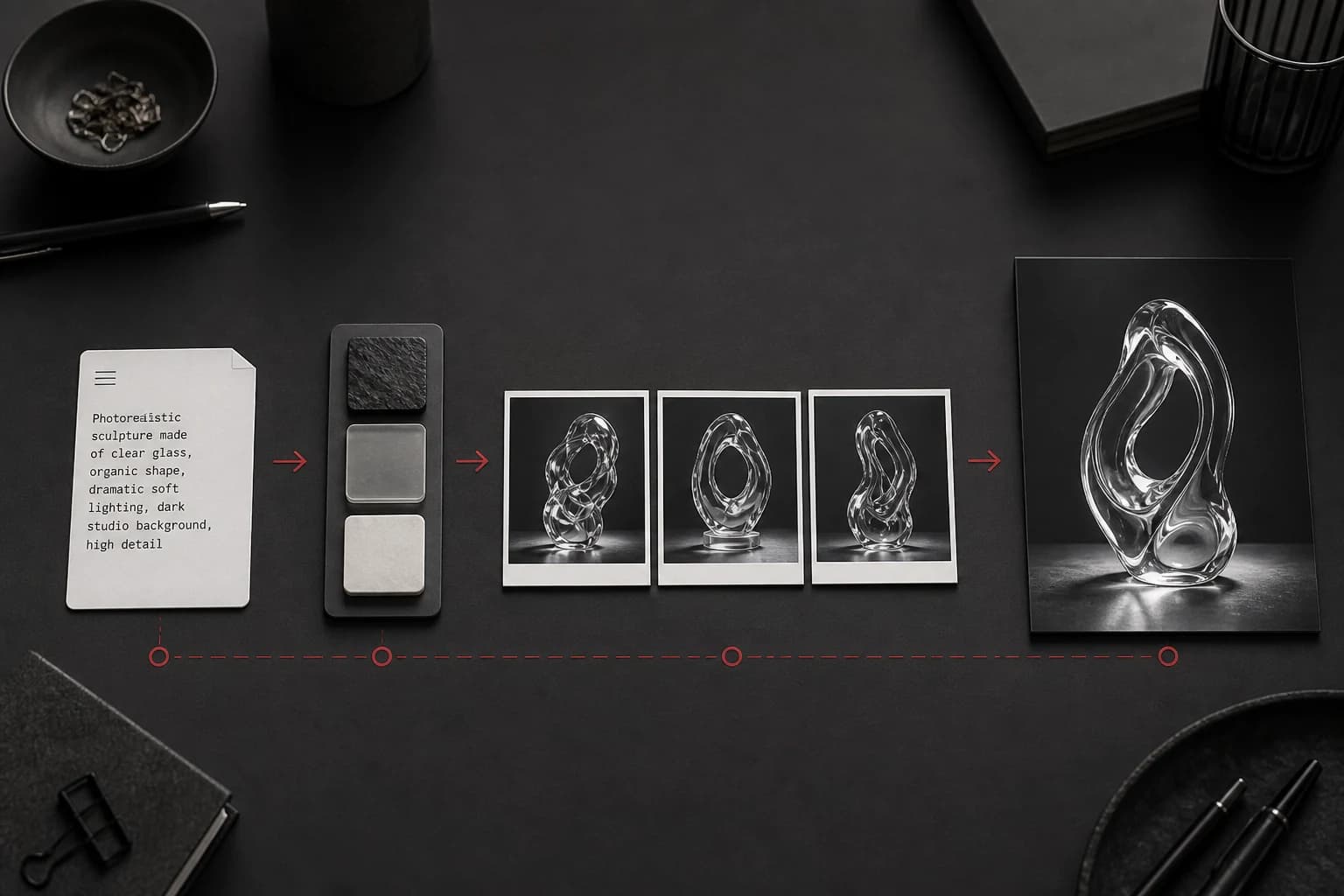 AI image generation workflow from a prompt and style choices to iterations and a final glass sculpture