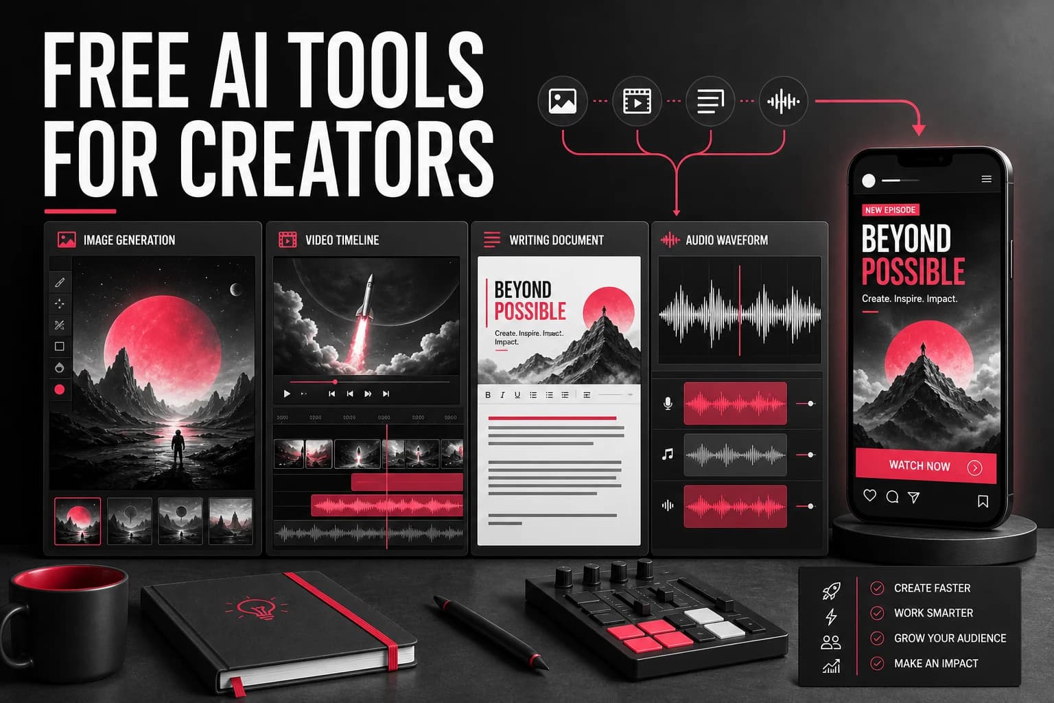 Free creator tools for image generation, video editing, writing, audio, and social publishing