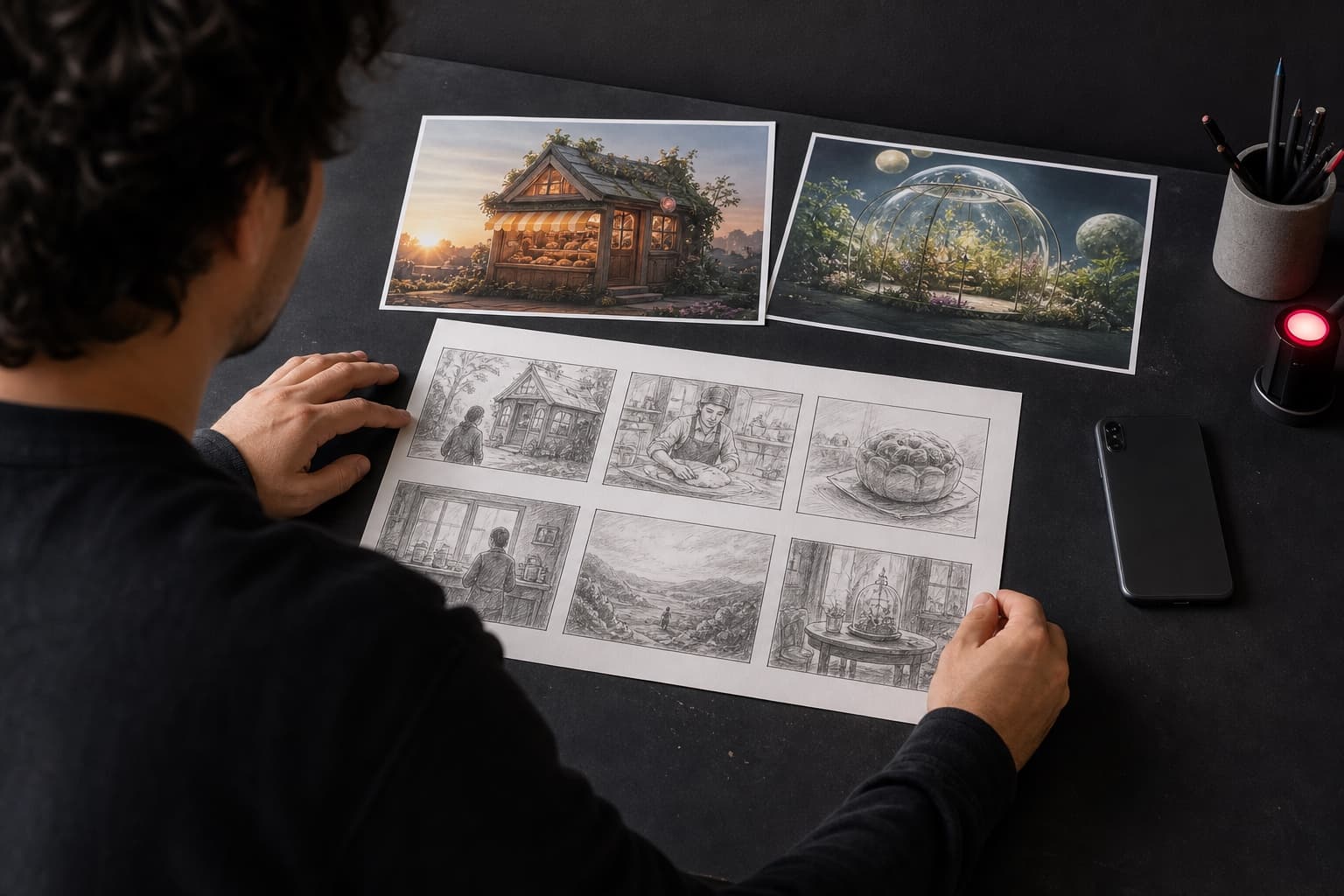 Creator planning AI images and a cinematic video storyboard at a charcoal desk