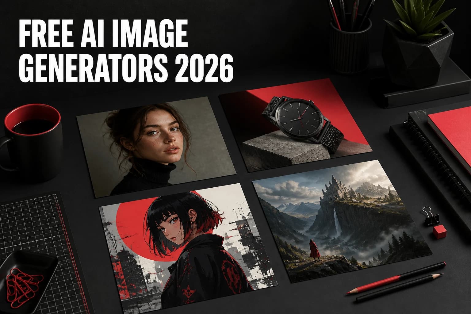 Free AI image generators comparison with portrait, product, anime, and landscape examples