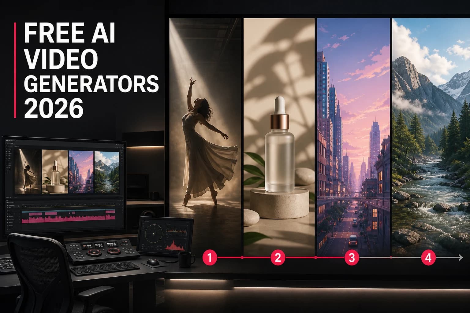 Free AI video generator comparison with dance, product, city, and nature scenes