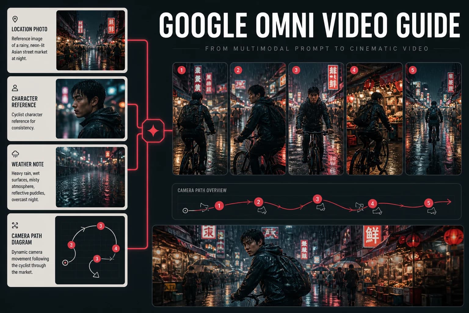 Google Omni multimodal references becoming a rainy market cycling video sequence