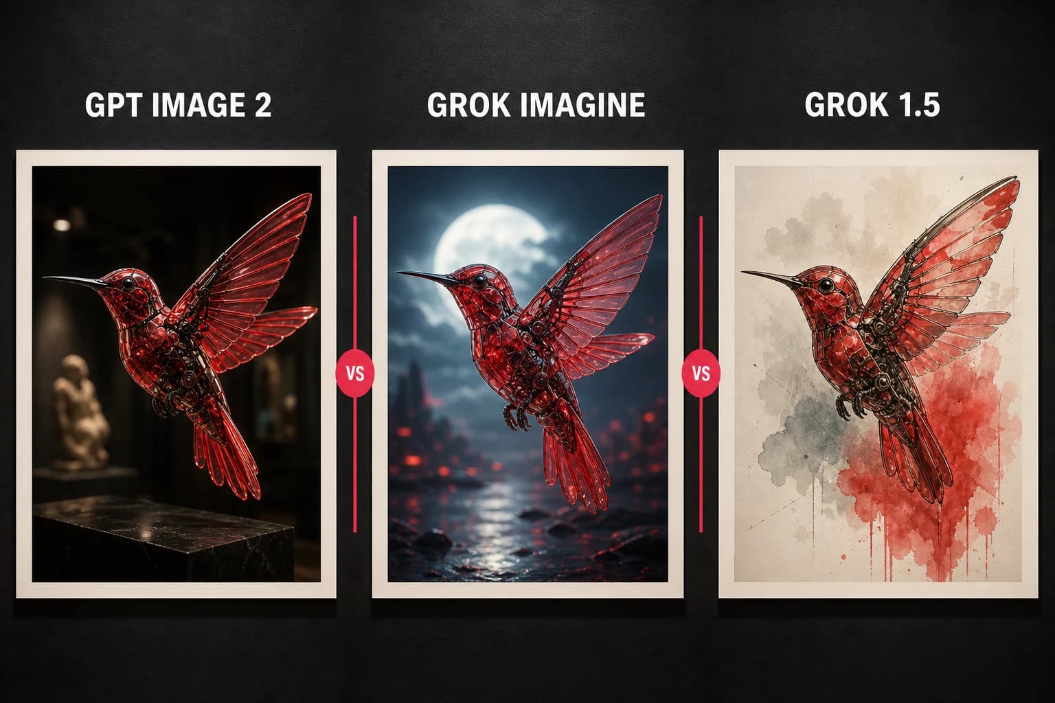 GPT Image 2, Grok Imagine, and Grok 1.5 comparison using three mechanical hummingbird images