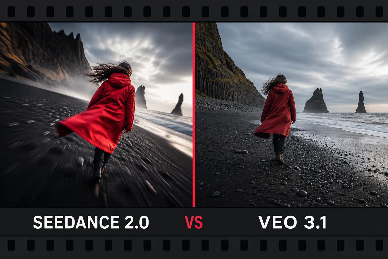Seedance 2.0 and Veo 3.1 comparison using a traveler on a black-sand beach