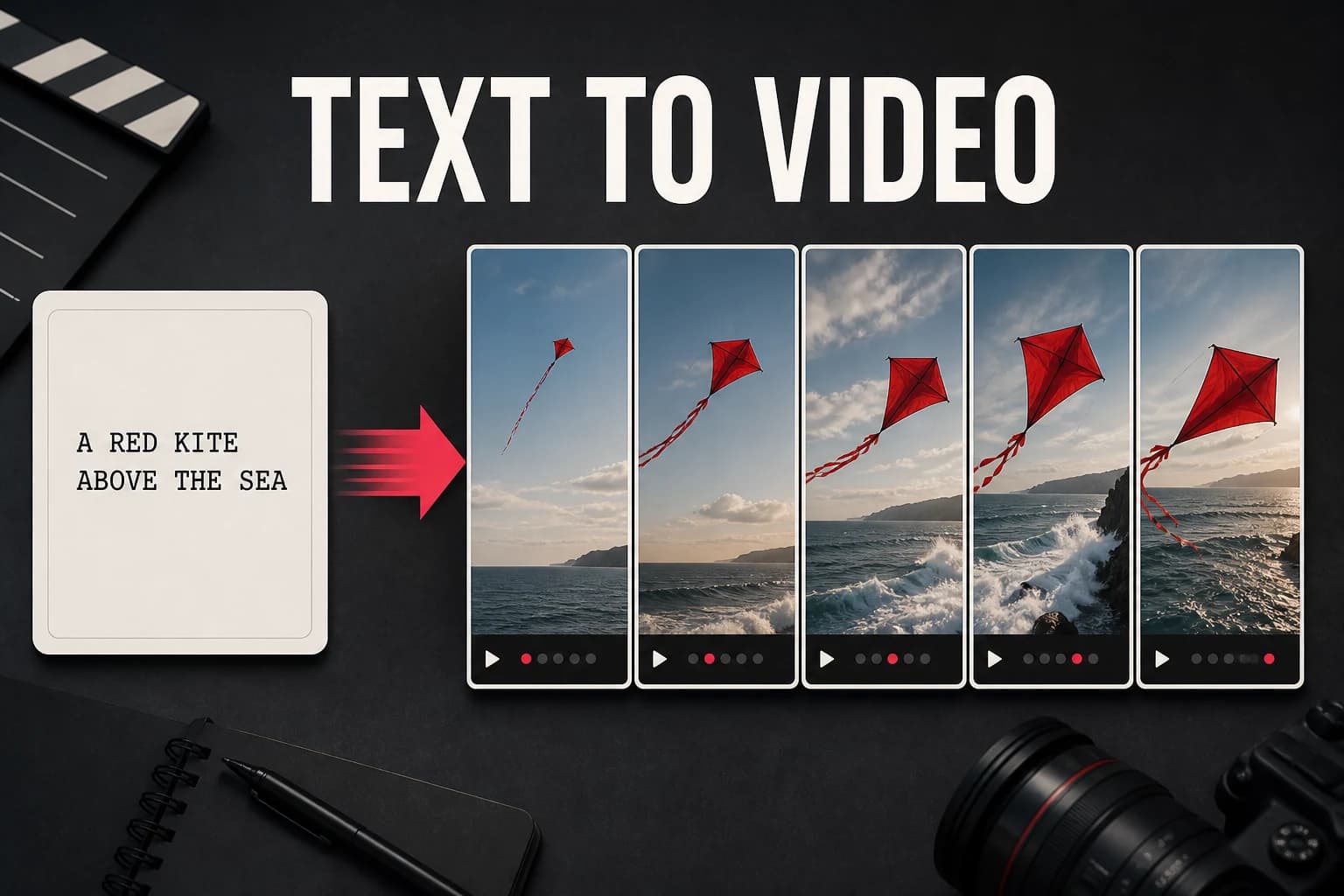 Text-to-video workflow turning a red kite prompt into a five-frame coastal video sequence
