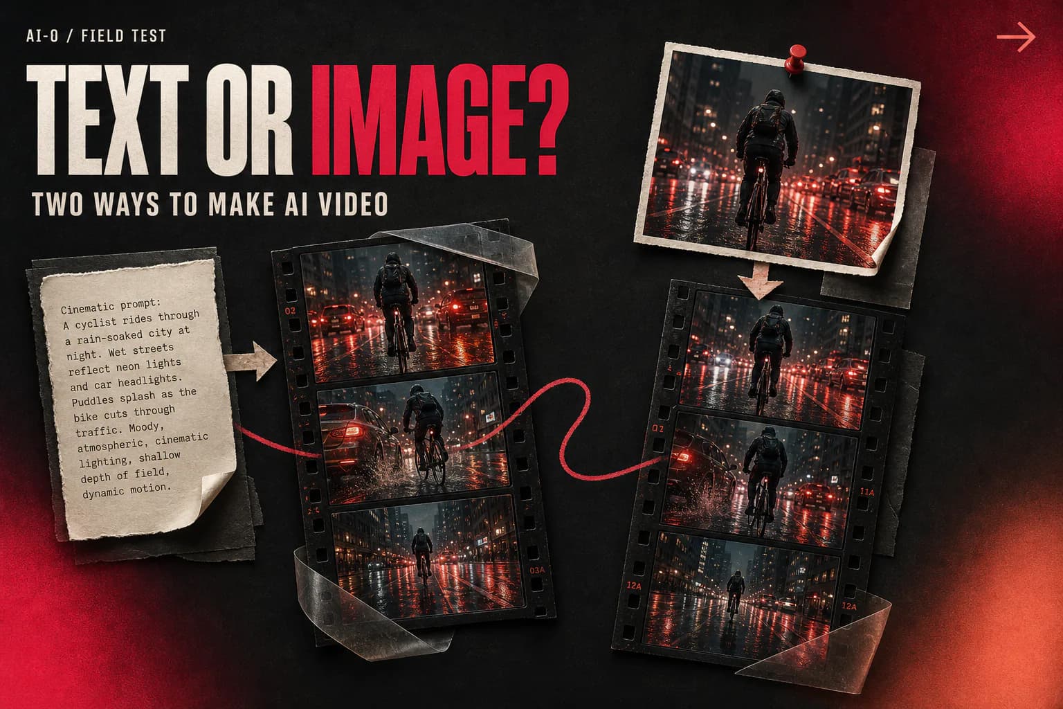 Text-to-video and image-to-video comparison poster showing two workflows for the same cyclist scene
