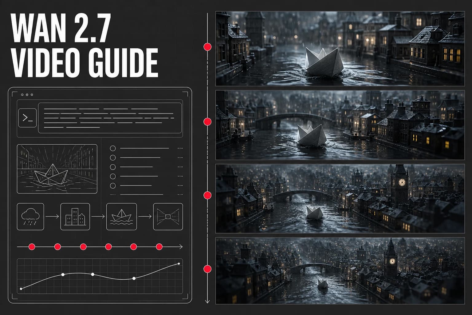Wan 2.7 prompt blueprint and consistent video frames of a paper boat in a rainy miniature city