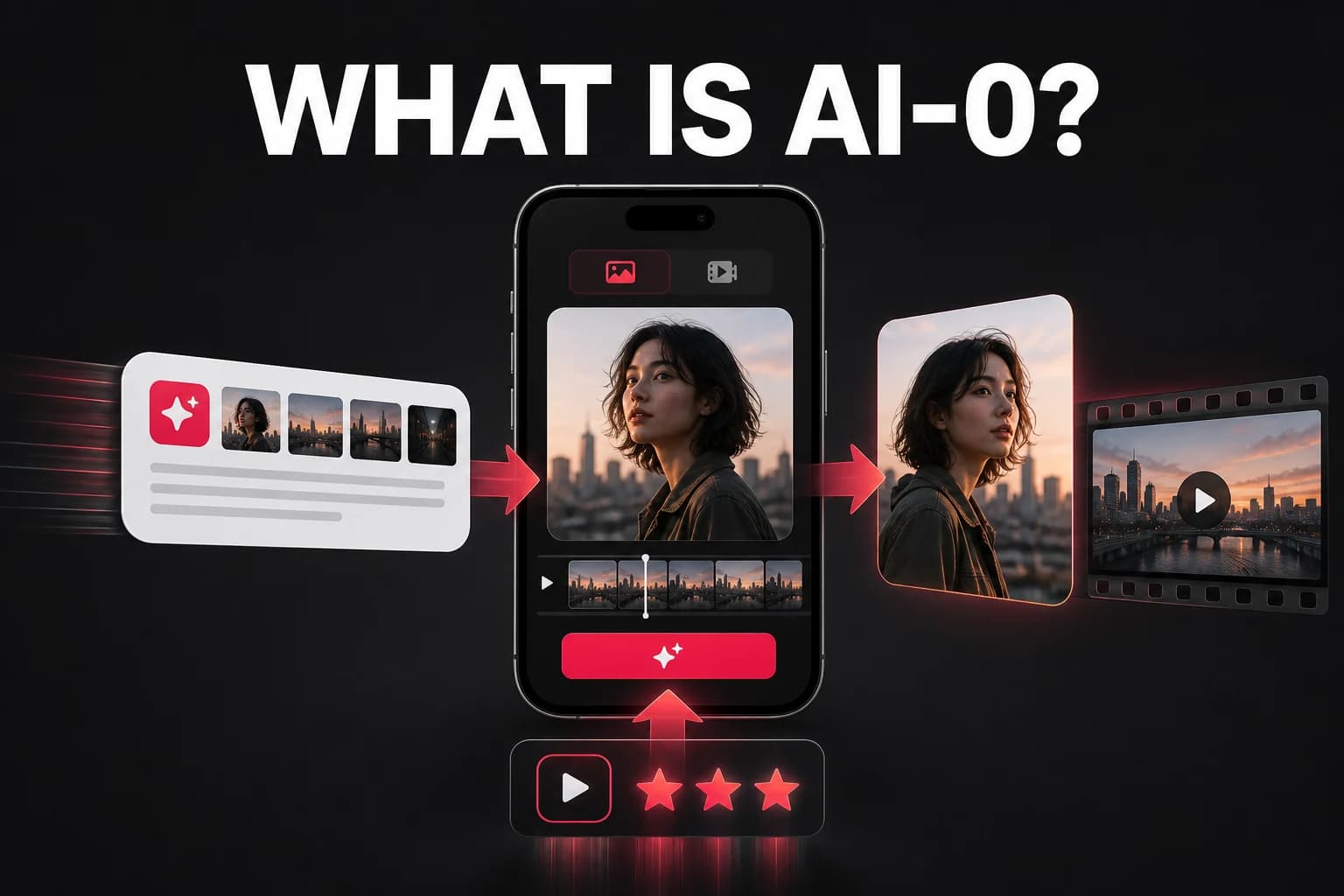AI-0 mobile workflow turning earned credits and a prompt into an image and video