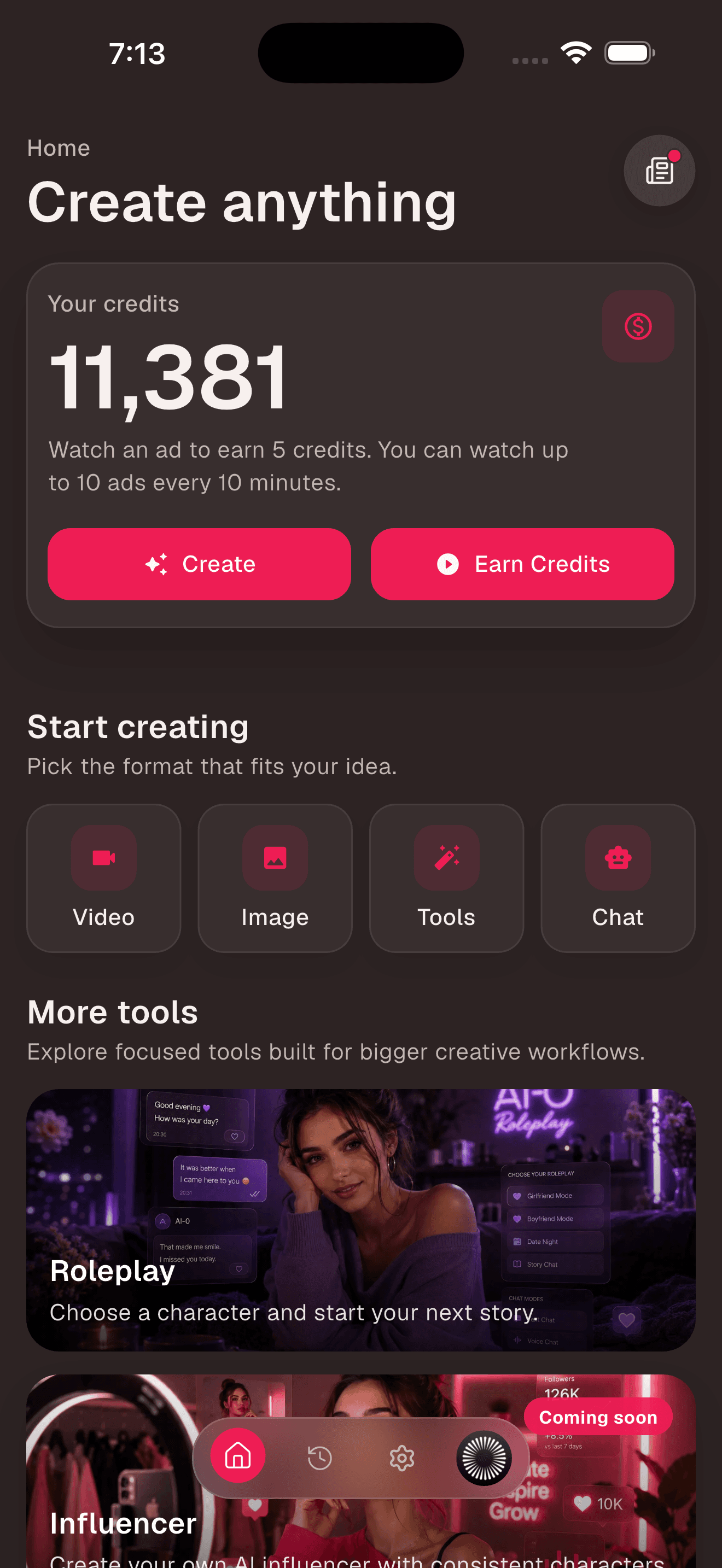AI-0 Home screen showing credits, Earn Credits, and the Video creation tile