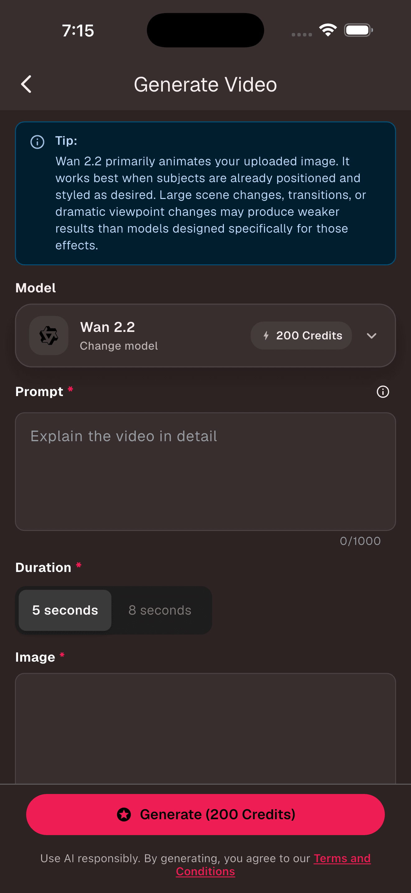 AI-0 Generate Video form with prompt, duration, image upload, and Generate controls