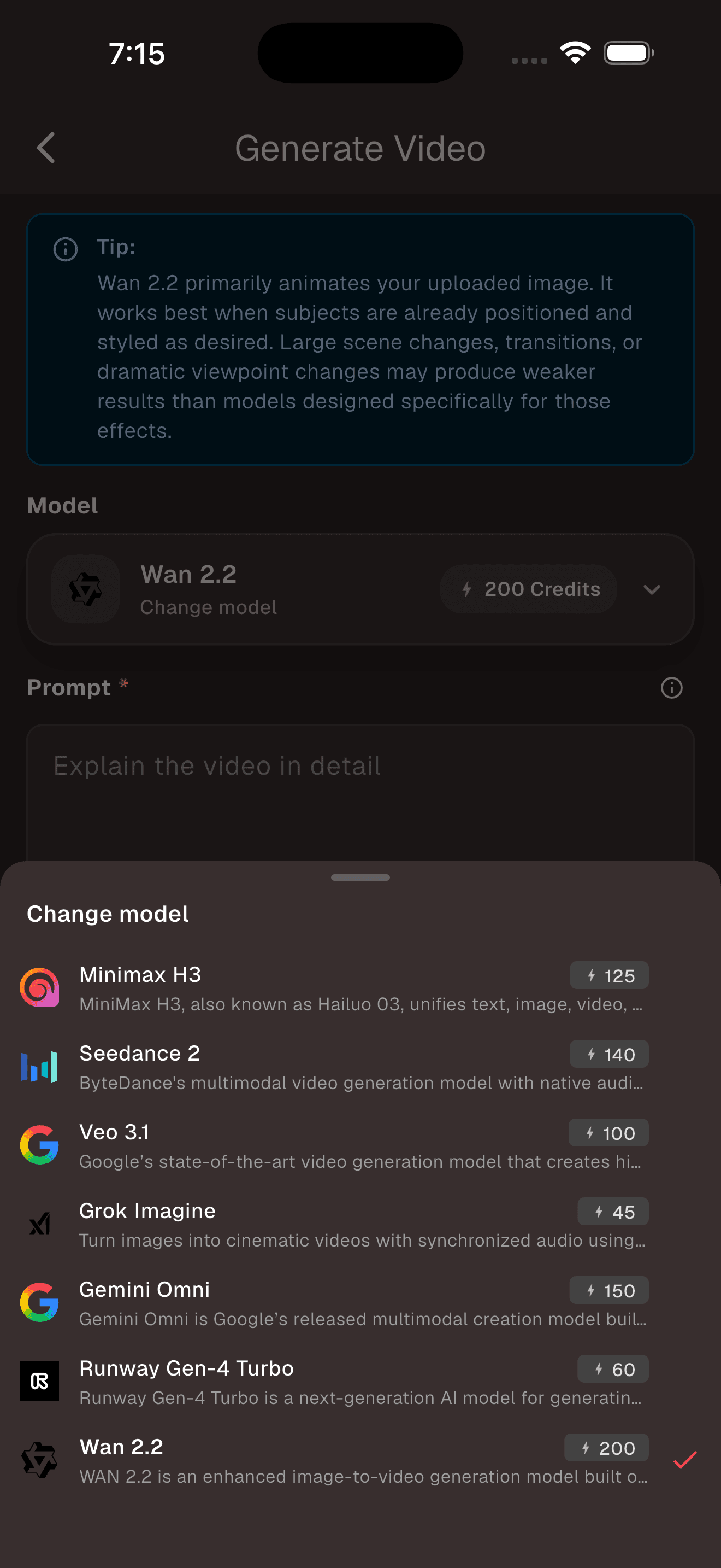 AI-0 video model picker displaying models and their current credit costs