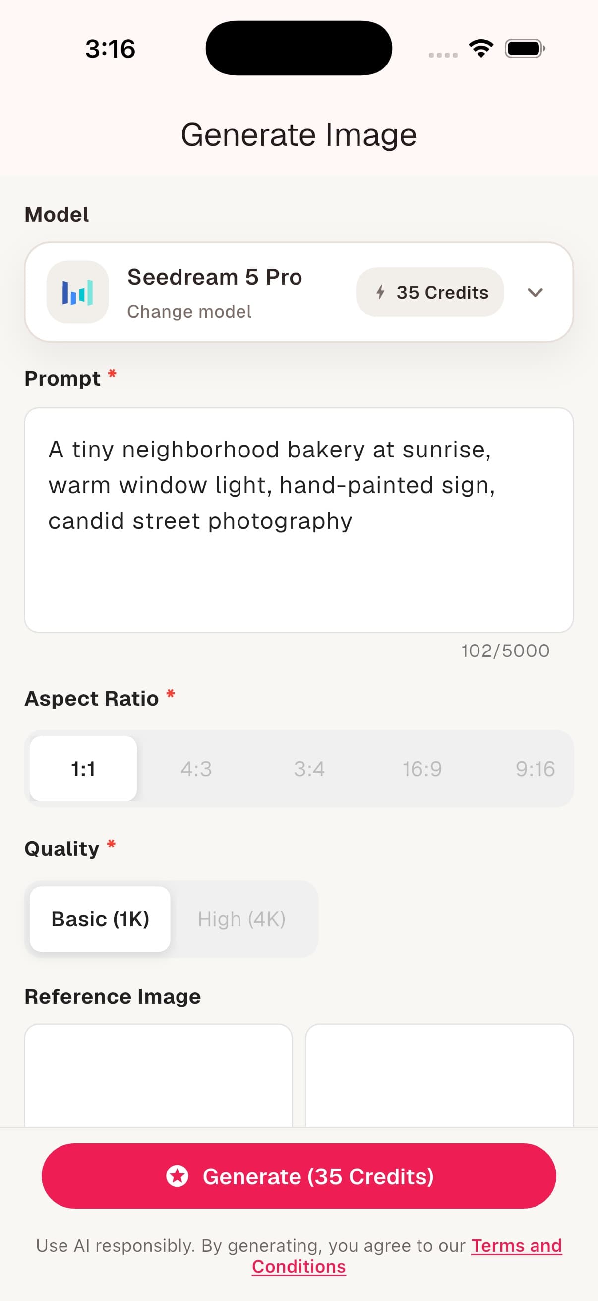 AI-0 Generate Image screen with Seedream 5 Pro, a bakery prompt, aspect ratio and quality settings, and a 35-credit Generate button