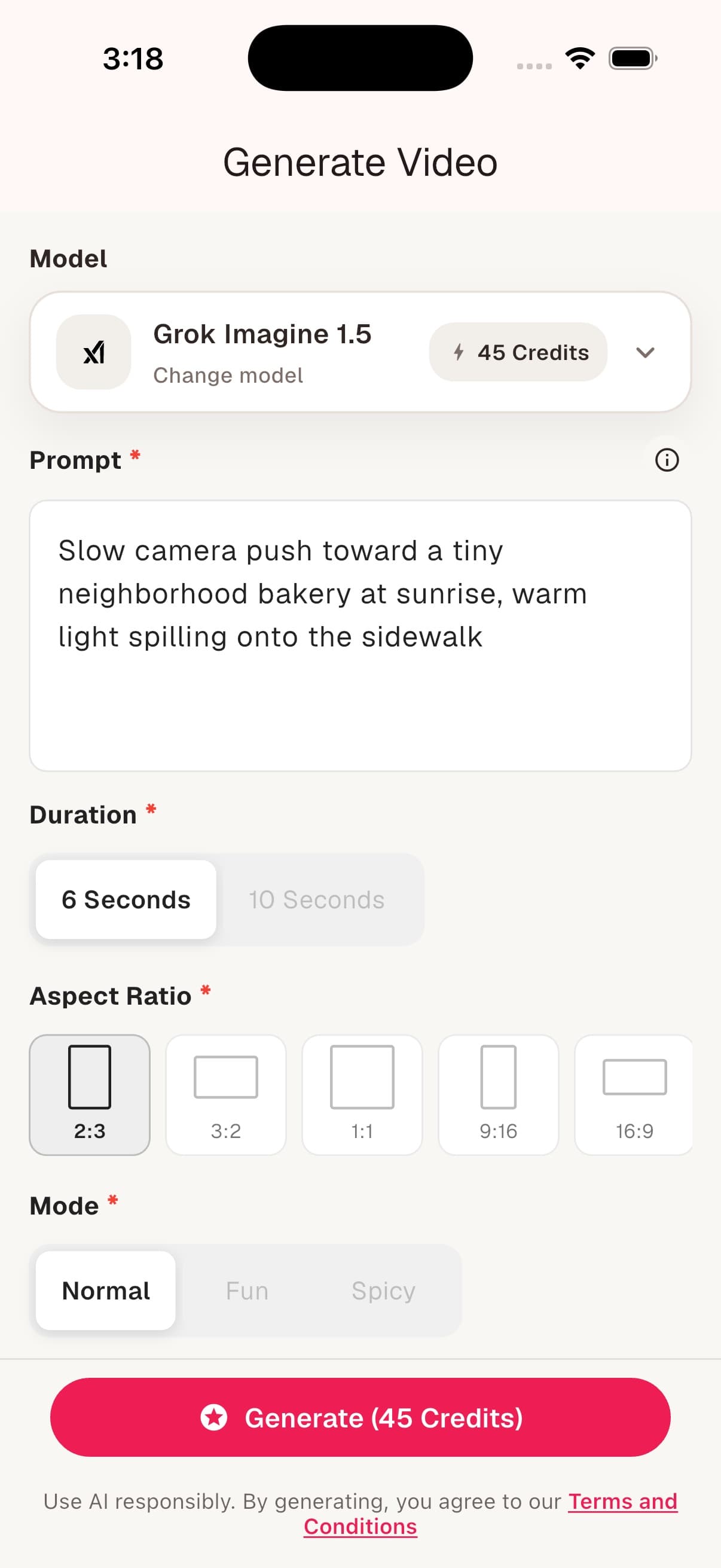 AI-0 Generate Video screen with Grok Imagine 1.5, a camera movement prompt, six-second duration, aspect ratios, and a 45-credit Generate button