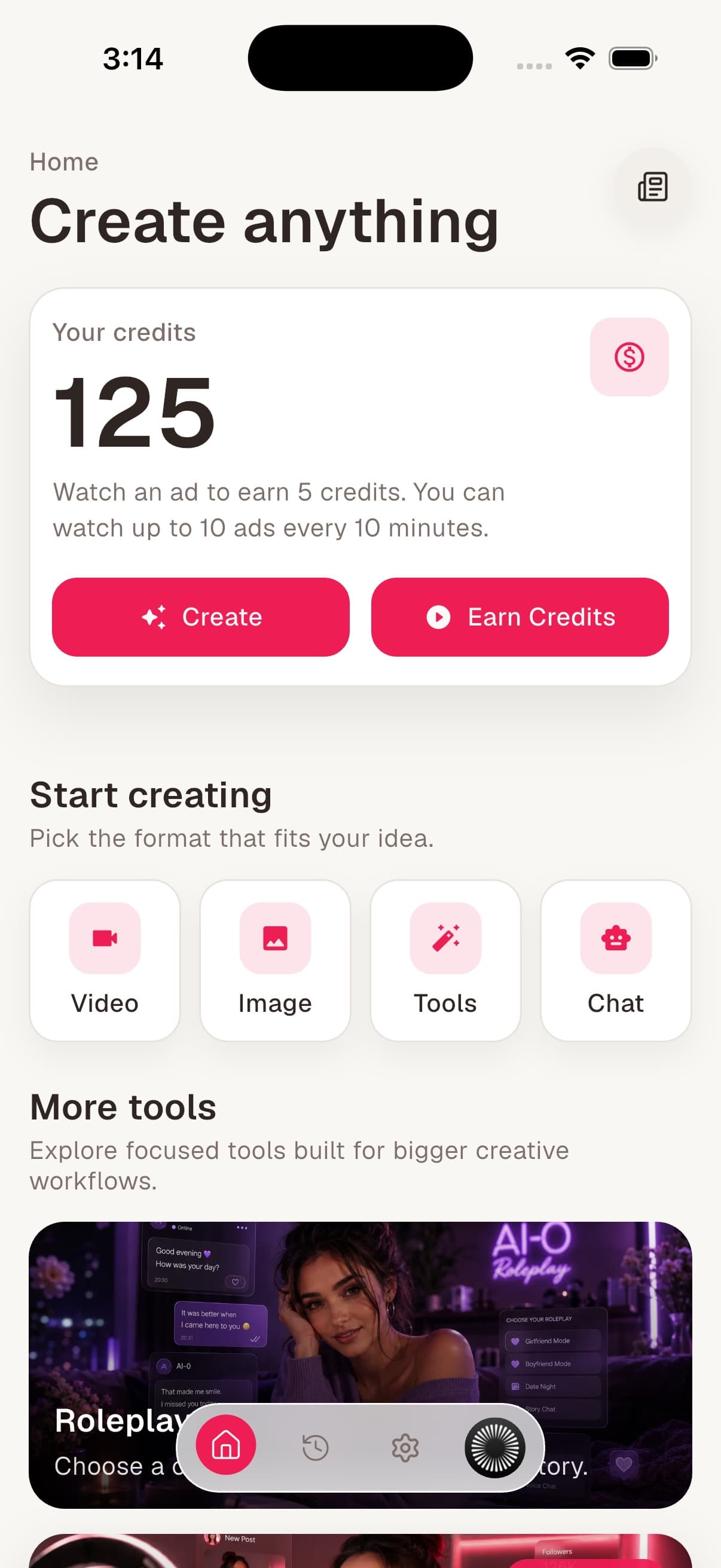 AI-0 home screen showing 125 credits, a 5-credit ad reward, Create and Earn Credits buttons, and Video and Image shortcuts